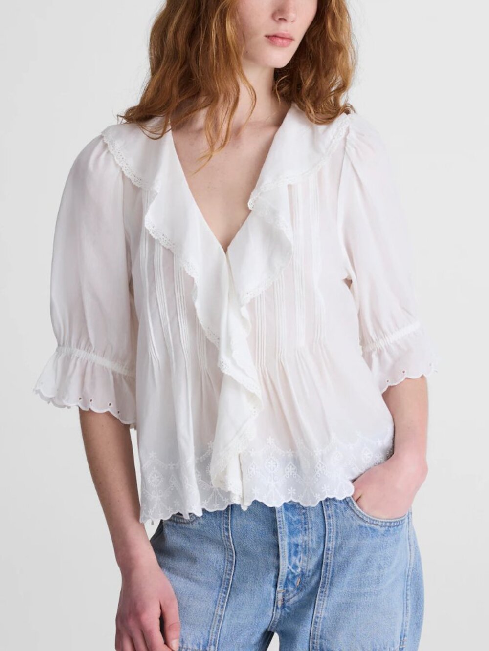 Madewell Blaire Delicate Pintucks Embroidery Ruffle Sleeve Top White XS NWOT